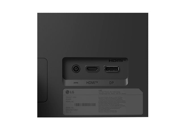 Close-up of the rear port area of an LG electronic device, showing HDMI, DP, and audio jacks on a dark gray surface.