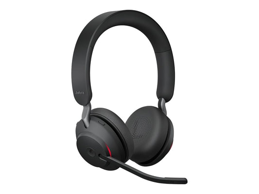 Black headphones with a microphone on a white background
