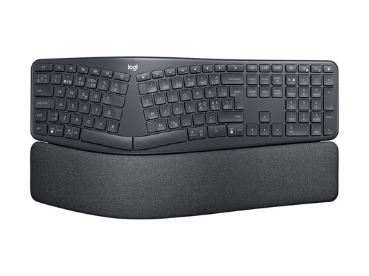 Black ergonomic keyboard with wrist rest on a white background