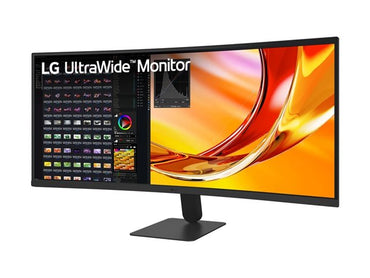 An LG UltraWide Monitor with a black stand, shown at a three-quarter angle against a white background. The screen displays a colorful abstract wallpaper and a dark software interface.