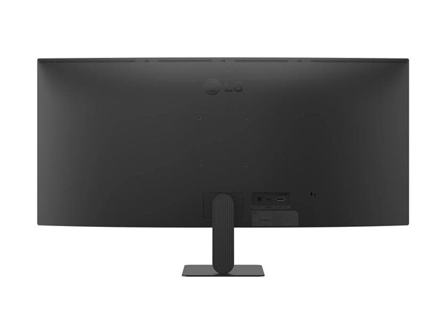 The back view of a black LG curved monitor with a slim stand, shown on a solid white background.