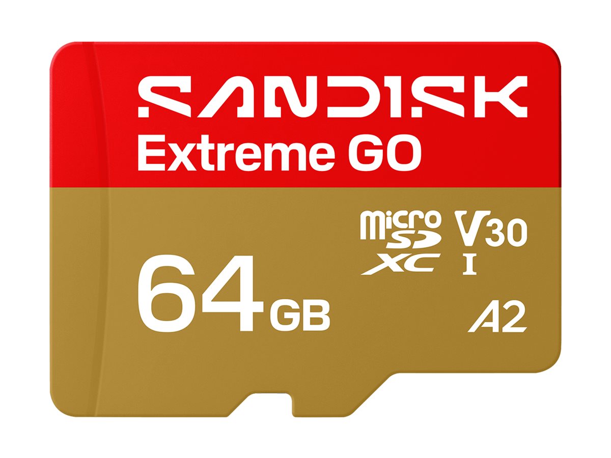 A Sandisk Extreme GO 64GB microSD card with a red and gold design, featuring white text for product details, shown on a plain white background.