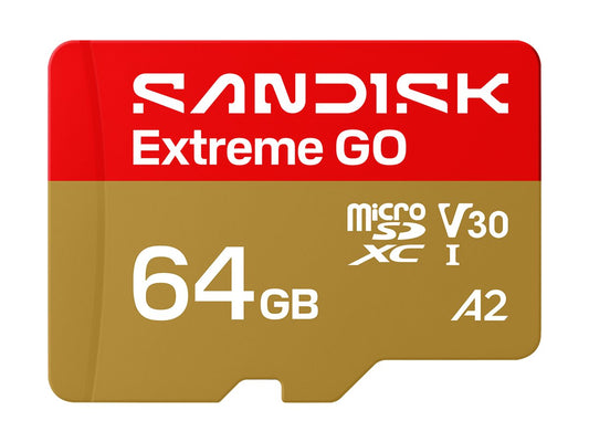 A Sandisk Extreme GO 64GB microSD card with a red and gold design, featuring white text for product details, shown on a plain white background.