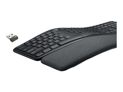 Black ergonomic keyboard with wrist rest and USB receiver on a white background