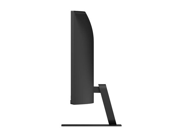 A side profile view of a black computer monitor with a minimalist angled stand, shown against a solid white background.
