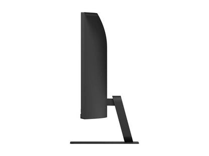 A side profile view of a black computer monitor with a minimalist angled stand, shown against a solid white background.