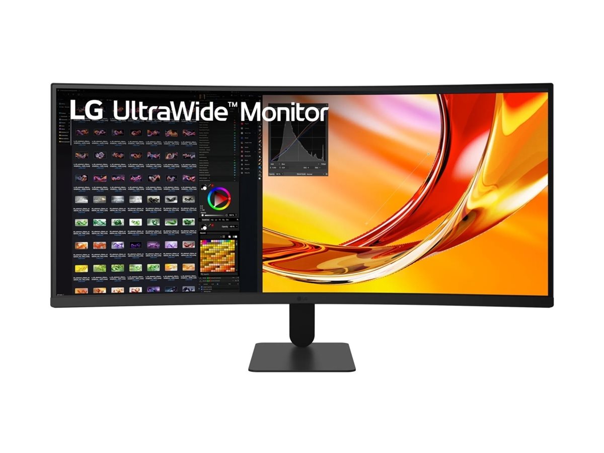 An LG UltraWide monitor with a black stand, shown on a plain white background. The screen displays software interface panels on the left and a vibrant abstract orange and yellow wallpaper on the right.