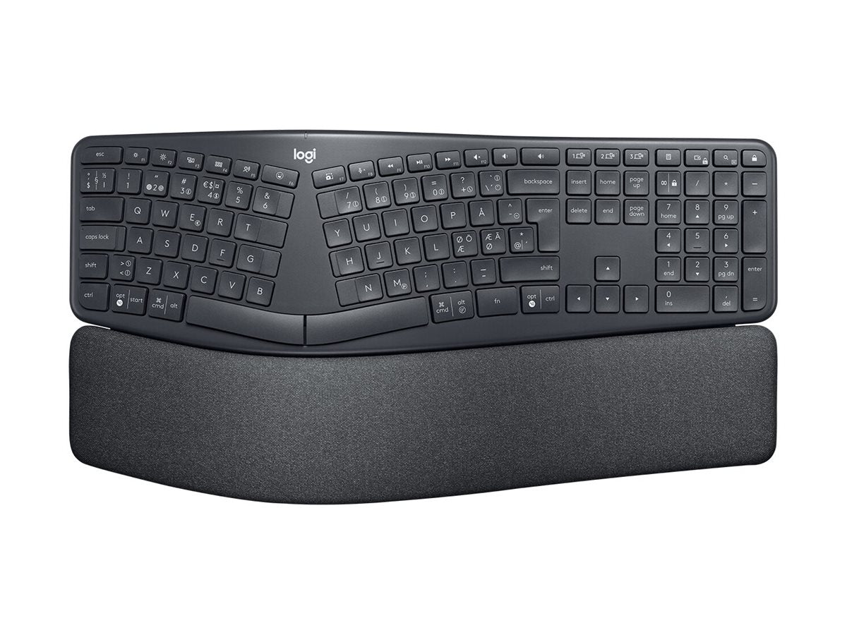Black ergonomic keyboard with wrist rest on a white background