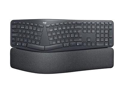 Black ergonomic keyboard with wrist rest on a white background