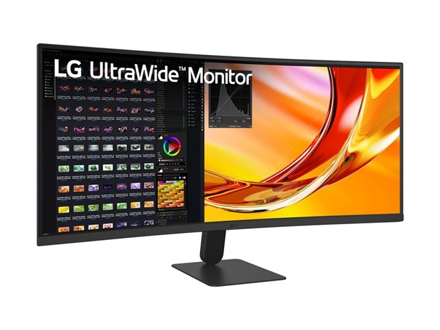 An LG UltraWide Monitor with a black stand, shown at a three-quarter angle against a white background. The screen displays a colorful abstract wallpaper on the right and a dark software interface on the left.
