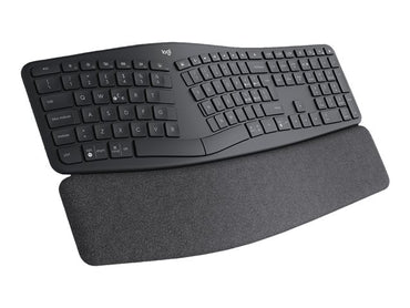Black ergonomic keyboard with wrist rest on a white background