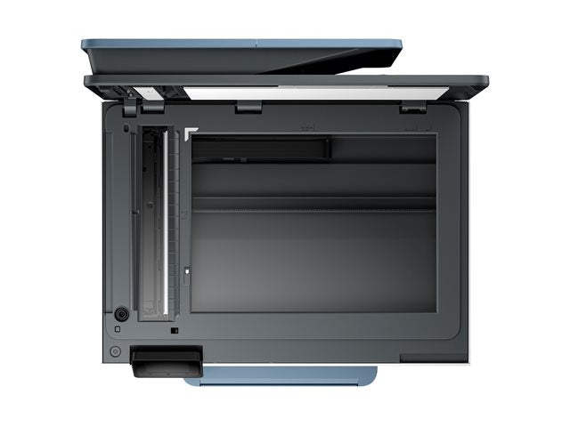A dark gray multifunction laser printer with its top lid open, showing the scanner bed and interior drum unit, isolated on a white background.