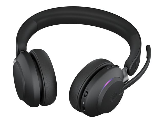 Black over-ear headphones with a microphone on a white background
