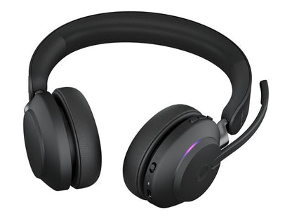 Black over-ear headphones with a microphone on a white background