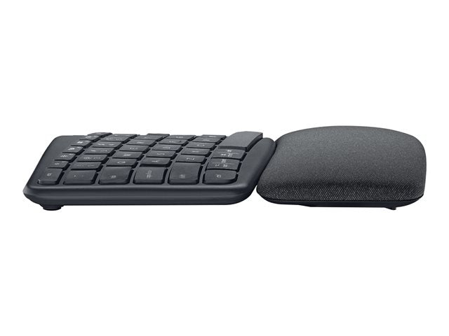 Black ergonomic keyboard with wrist rest on a white background